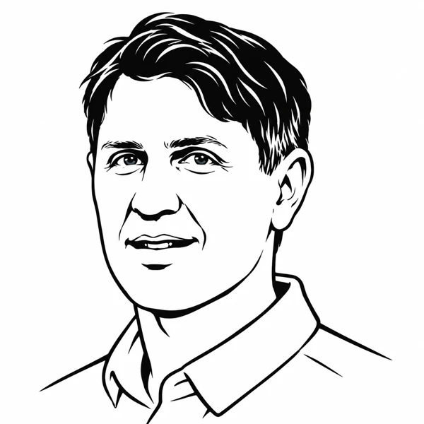 Black-and-white illustrated portrait of Aaron Charlton
