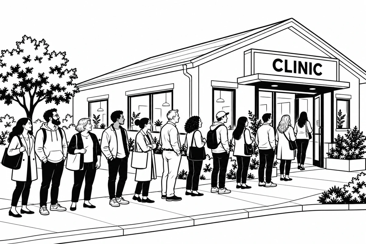 Conceptual black-and-white illustration of patients lining up outside a clinic.