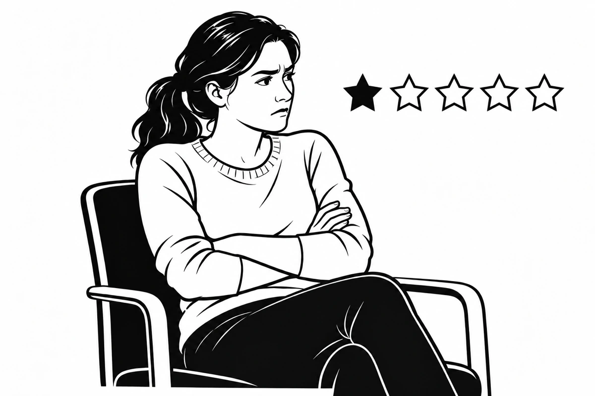 Editorial illustration of an upset patient with a floating one-out-of-five-star rating.